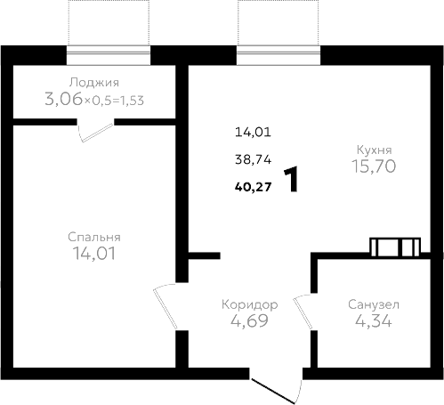 Планировка однокомнатная 40.27 м² в ЖК «Твин парк», корпус 2