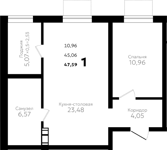 Планировка однокомнатная 47.59 м² в ЖК «Твин парк», корпус 2