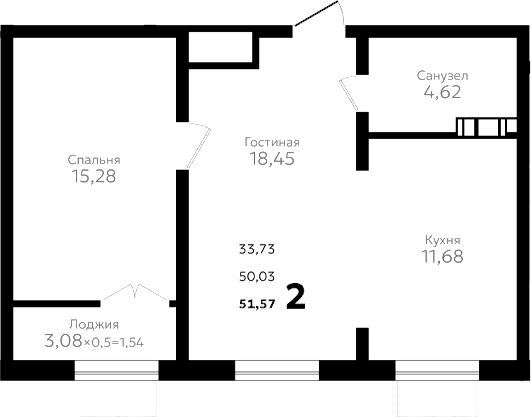 Планировка двухкомнатная 51.57 м² в ЖК «Твин парк», корпус 1