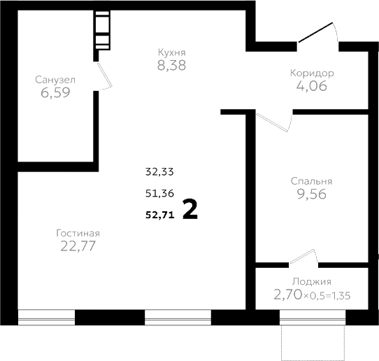 Планировка двухкомнатная 52.71 м² в ЖК «Твин парк», корпус 2