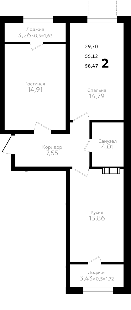 Планировка двухкомнатная 58.47 м² в ЖК «Твин парк», корпус 2