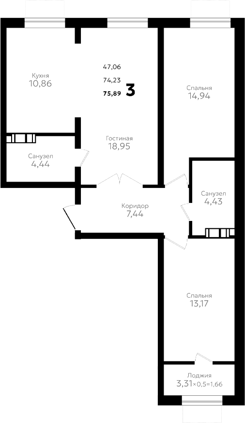 Планировка трёхкомнатная 75.89 м² в ЖК «Твин парк», корпус 1