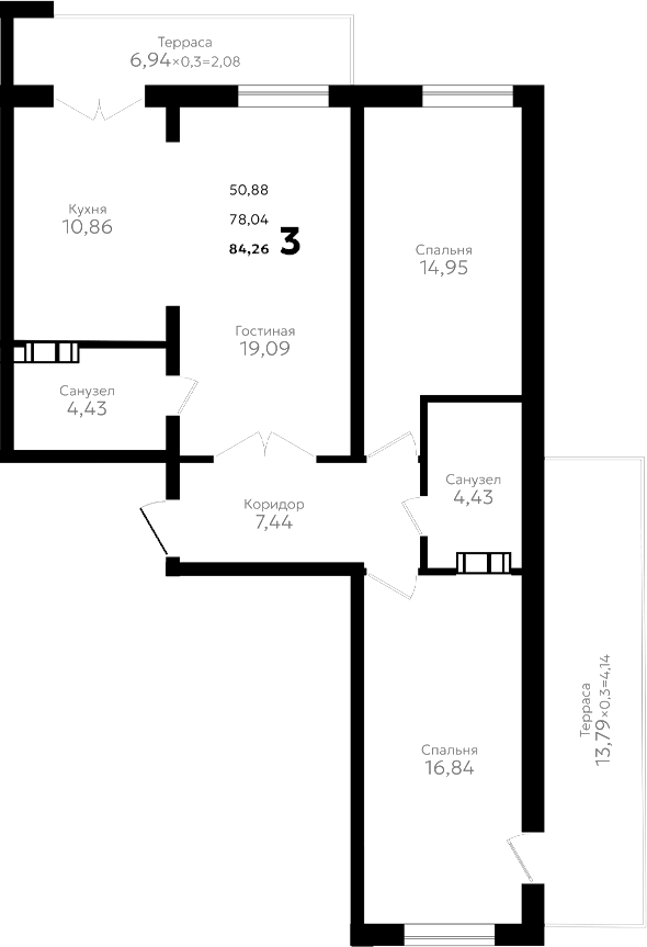 Планировка трёхкомнатная 84.26 м² в ЖК «Твин парк», корпус 1