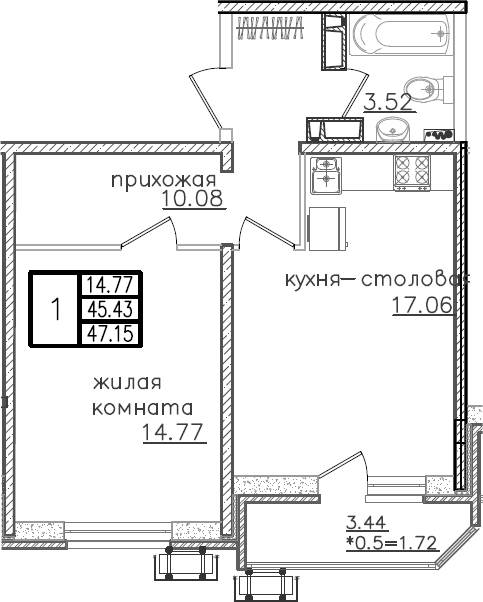 Планировка евродвушка (2Е) 48.5 м² в ЖК «Урал», корпус 1