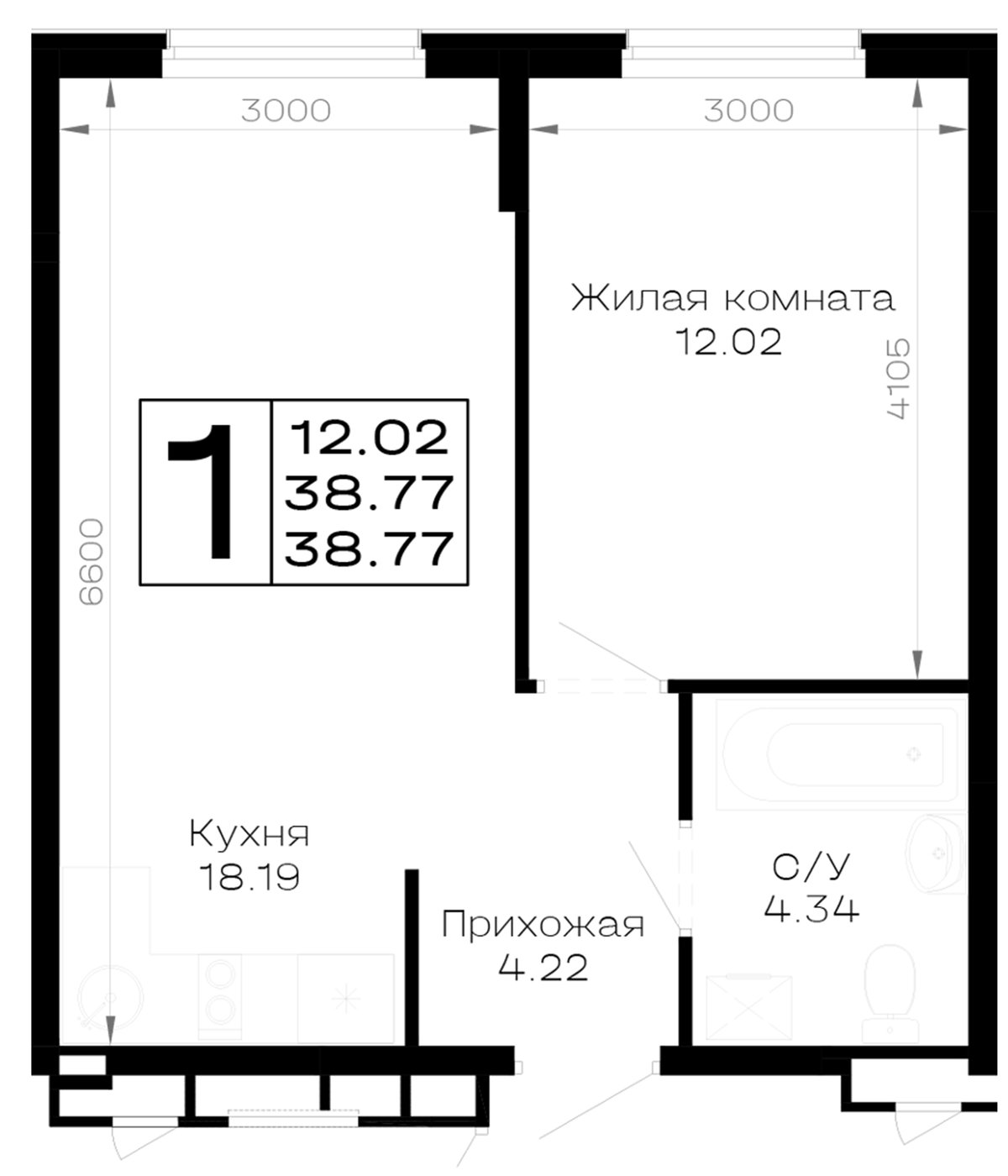 Планировка однокомнатная 38.77 м² в ЖК «Усадьба Гостагаевская», корпус 8.3.2