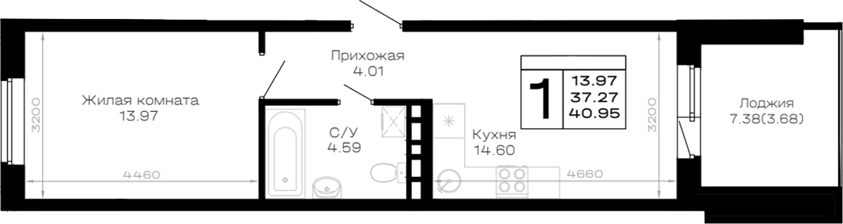 Планировка однокомнатная 40.95 м² в ЖК «Усадьба Гостагаевская», корпус 3.7.2