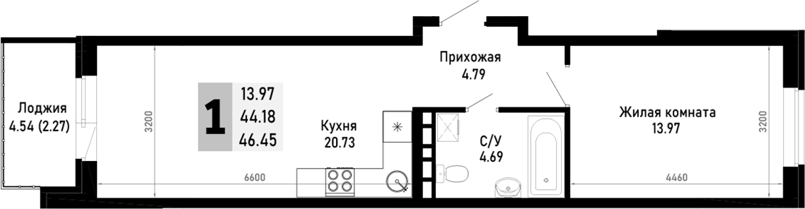 Планировка однокомнатная 46.45 м² в ЖК «Усадьба Гостагаевская», корпус 9.1.4
