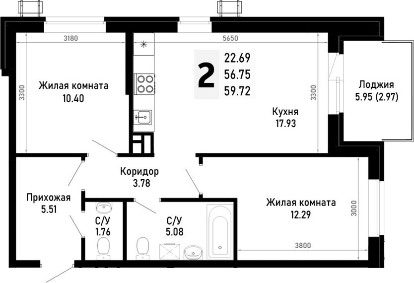 Планировка двухкомнатная 59.72 м² в ЖК «Усадьба Гостагаевская», корпус 9.1.1