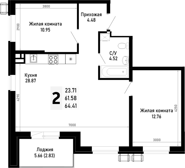 Планировка двухкомнатная 64.41 м² в ЖК «Усадьба Гостагаевская», корпус 9.1.1