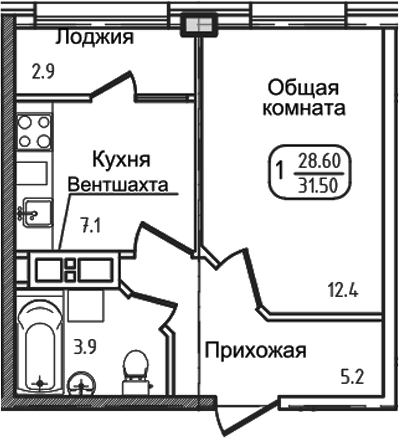 Планировка однокомнатная 29.9 м² в ЖК «Уют. Дарстрой», корпус 1