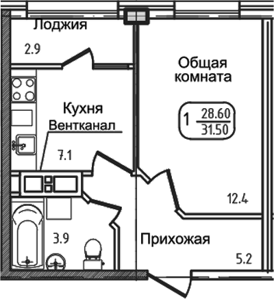 Планировка однокомнатная 30.2 м² в ЖК «Уют. Дарстрой», корпус 1