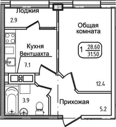 Планировка однокомнатная 30.7 м² в ЖК «Уют. Дарстрой», корпус 1