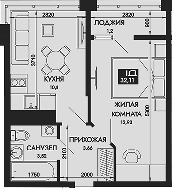Планировка однокомнатная 32.11 м² в ЖК «Вершины. ГК Смена», корпус 2
