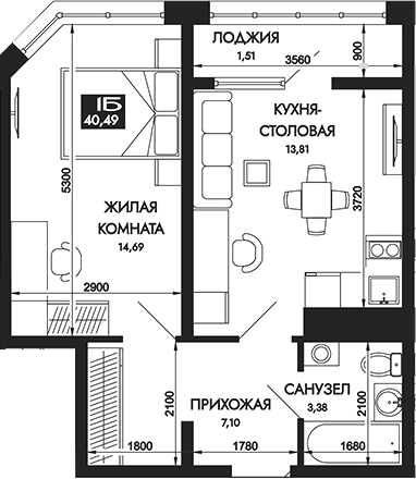 Планировка однокомнатная 40.49 м² в ЖК «Вершины. ГК Смена», корпус 2