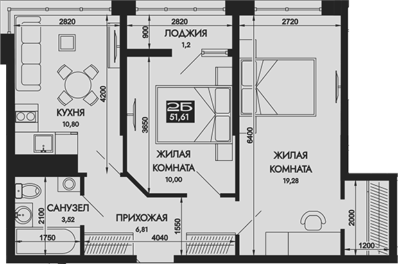 Планировка двухкомнатная 51.61 м² в ЖК «Вершины. ГК Смена», корпус 2