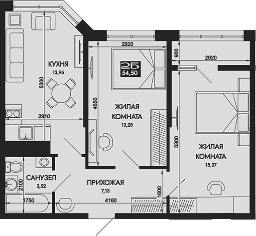 Планировка двухкомнатная 54.5 м² в ЖК «Вершины. ГК Смена», корпус 2