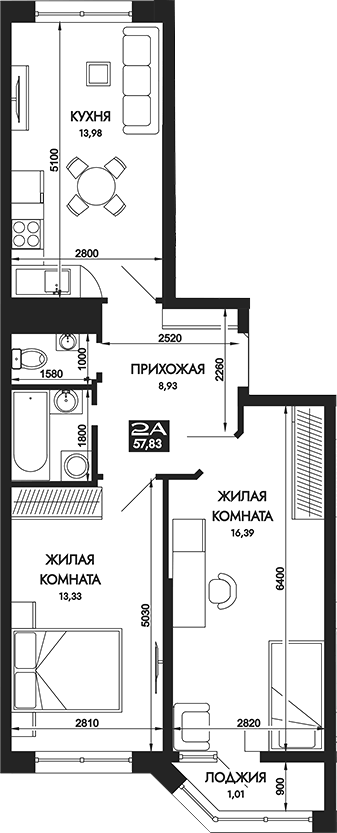 Планировка двухкомнатная 57.83 м² в ЖК «Вершины. ГК Смена», корпус 2