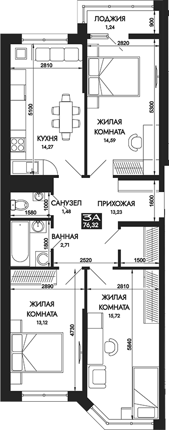 Планировка трёхкомнатная 76.32 м² в ЖК «Вершины. ГК Смена», корпус 2