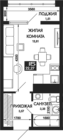 Планировка Студии 22.27 м² в ЖК «Вершины. ГК Смена», корпус 2