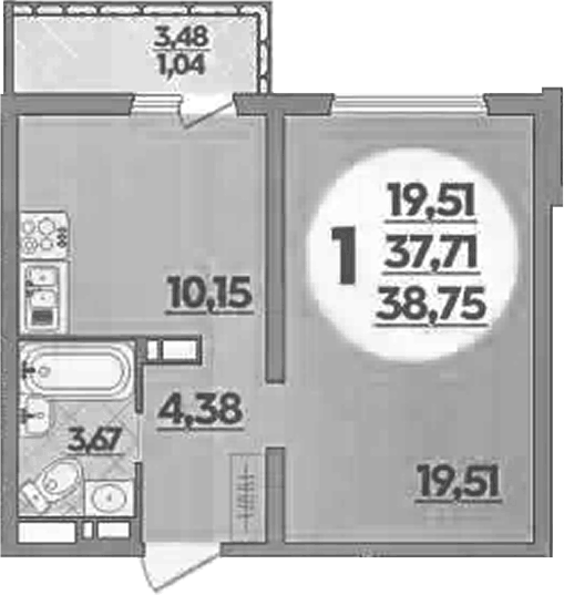 Планировка однокомнатная 38.75 м² в ЖК «Восточный. Квартал №6», корпус 52
