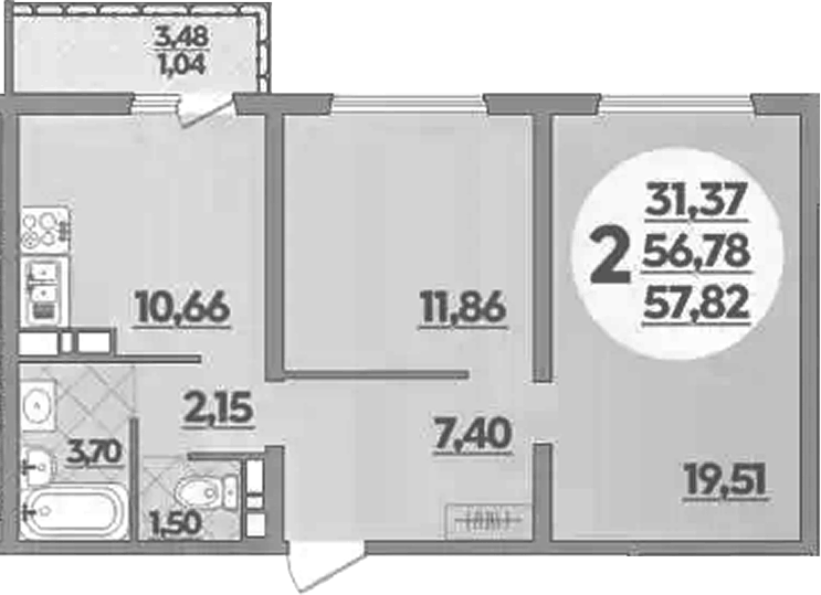 Планировка двухкомнатная 57.82 м² в ЖК «Восточный. Квартал №6», корпус 52
