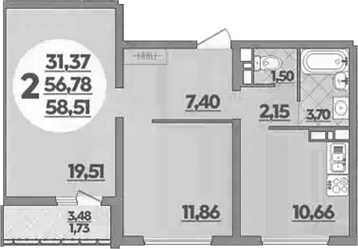 Планировка двухкомнатная 58.51 м² в ЖК «Восточный. Квартал №6», корпус 52