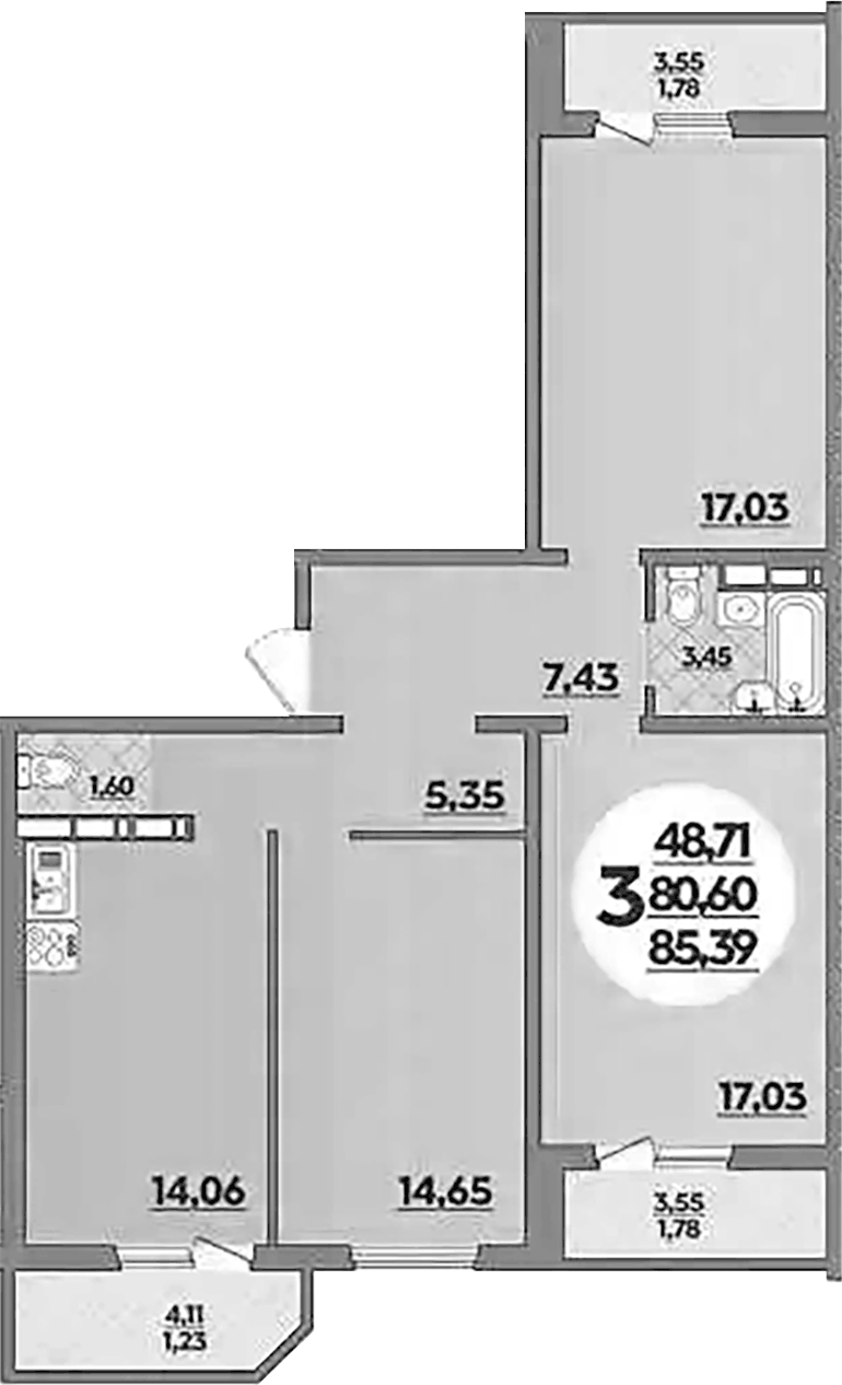 Планировка трёхкомнатная 85.39 м² в ЖК «Восточный. Квартал №6», корпус 37