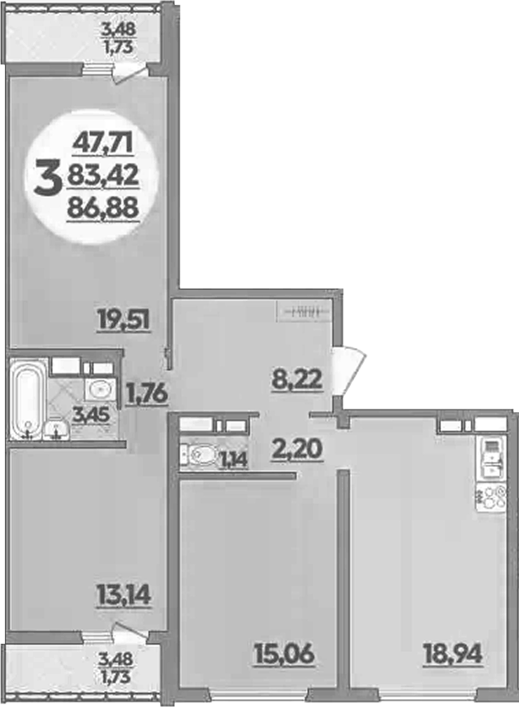 Планировка трёхкомнатная 86.88 м² в ЖК «Восточный. Квартал №6», корпус 52