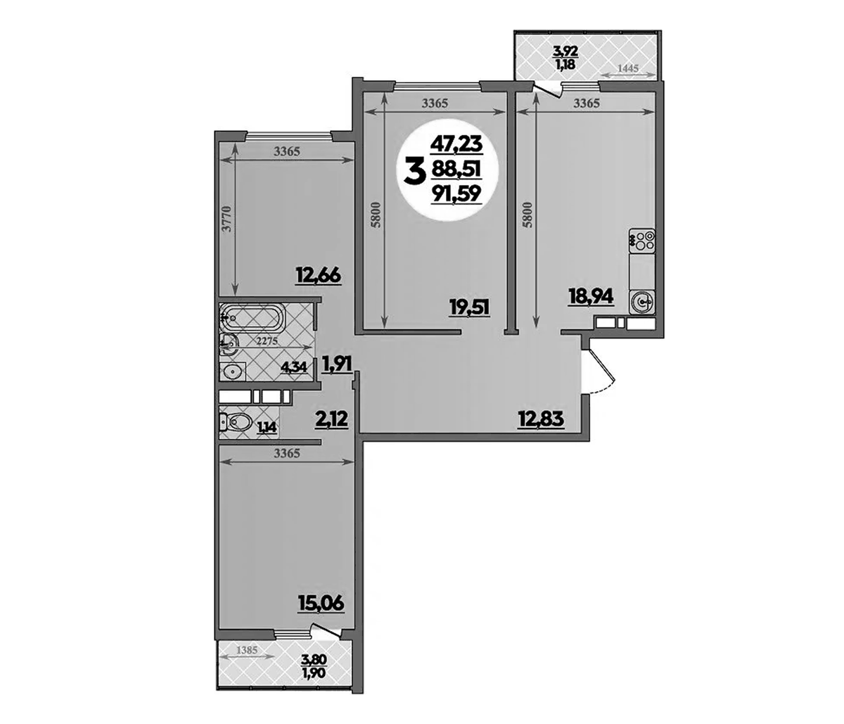 Планировка трёхкомнатная 91.59 м² в ЖК «Восточный. Квартал №6», корпус 2