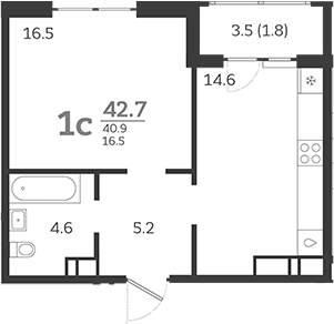 Планировка однокомнатная 42.7 м² в ЖК «Все Свои VIP», корпус 4
