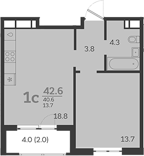Планировка евродвушка (2Е) 41.55 м² в ЖК «Все Свои VIP», корпус 4