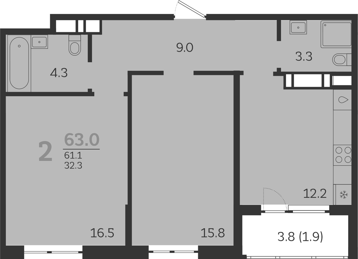 Планировка двухкомнатная 63 м² в ЖК «Все Свои VIP», корпус 8