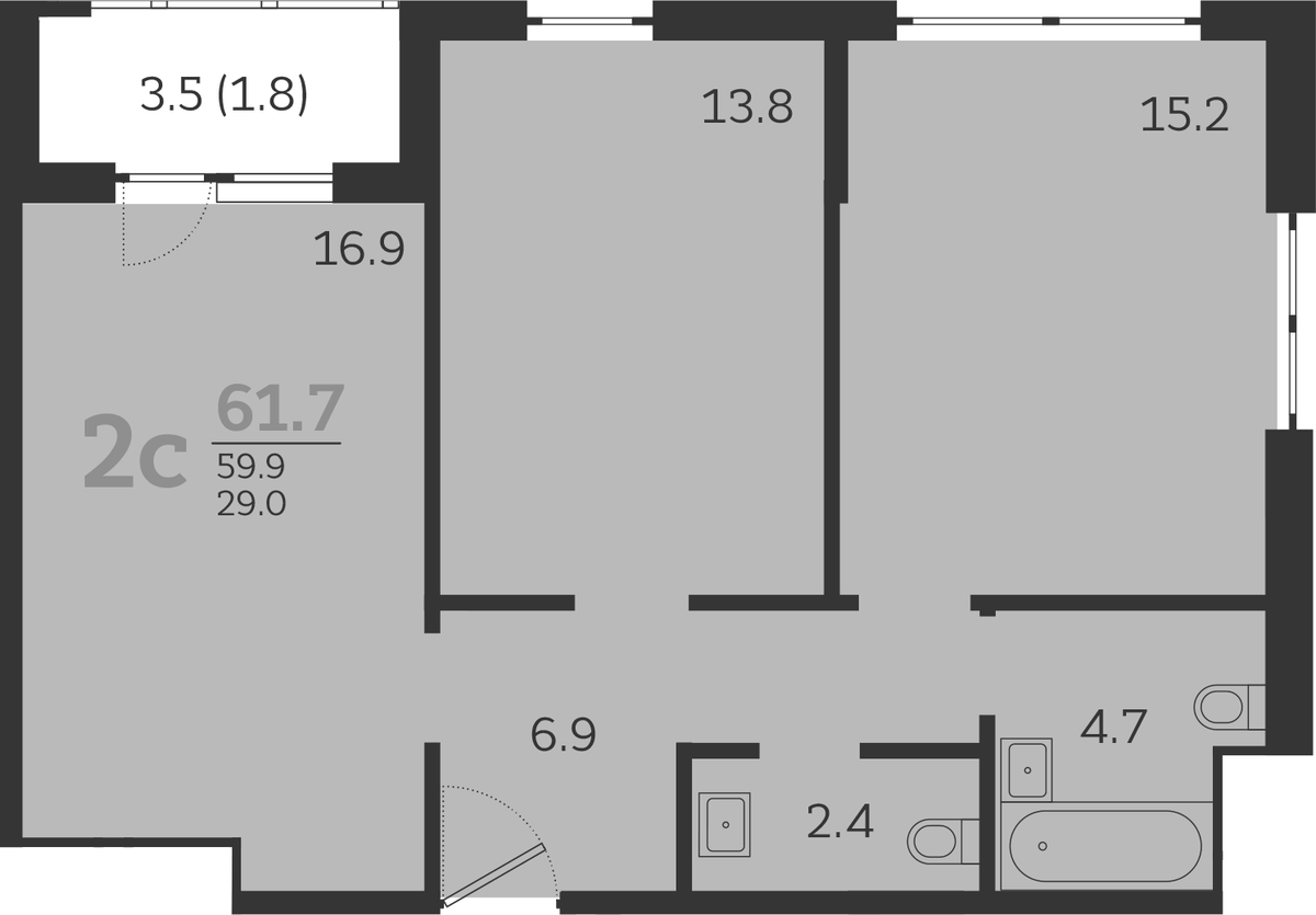 Планировка евротрёшка (3Е) 61.7 м² в ЖК «Все Свои VIP», корпус 8