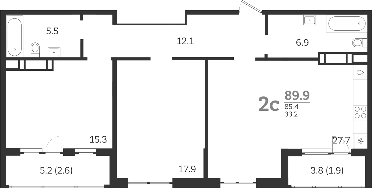 Планировка евротрёшка (3Е) 89.9 м² в ЖК «Все Свои VIP», корпус 8