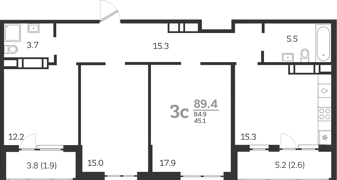 Планировка евро-4 (4Е) 89.4 м² в ЖК «Все Свои VIP», корпус 8