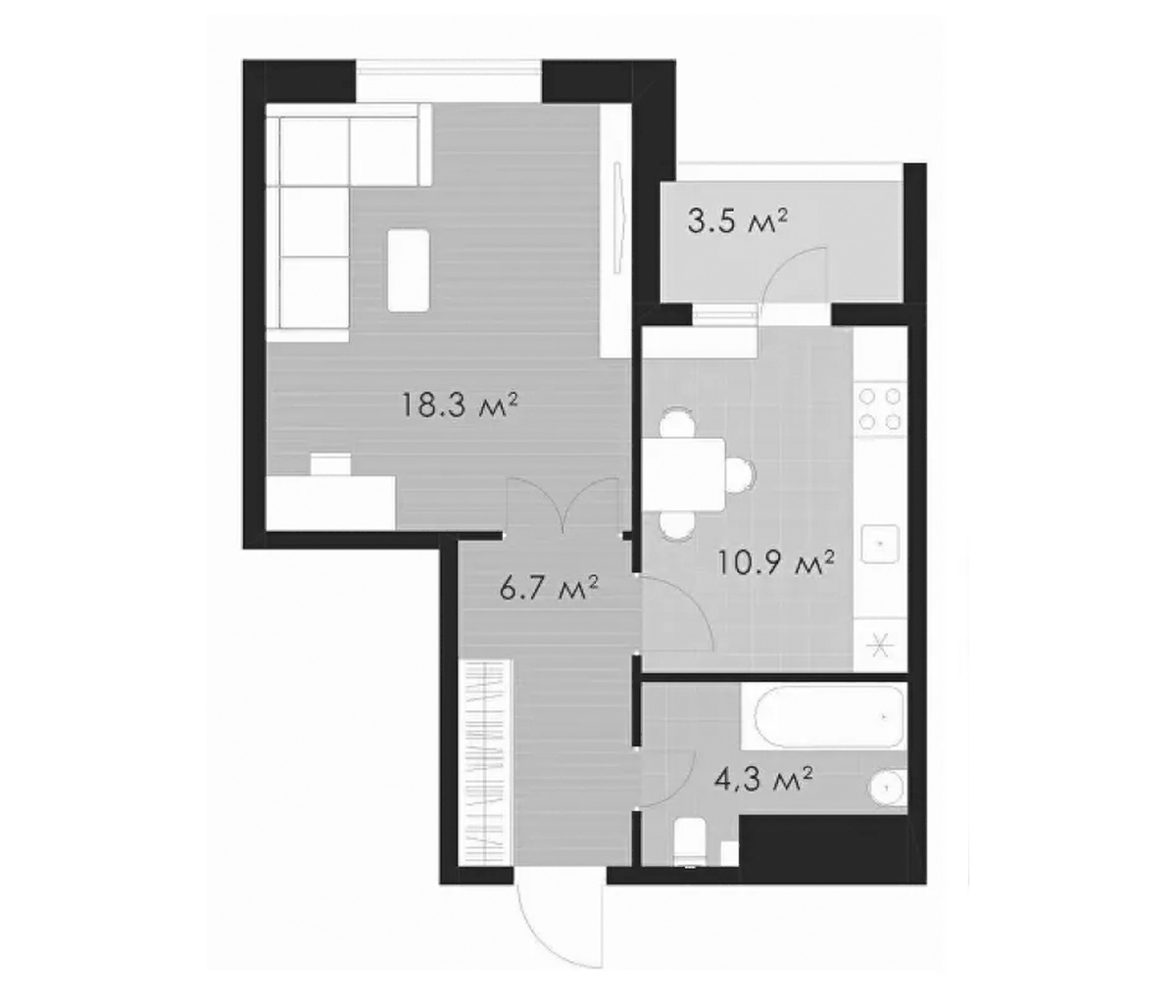 Планировка однокомнатная 43.7 м² в ЖК «Выбор», корпус 2