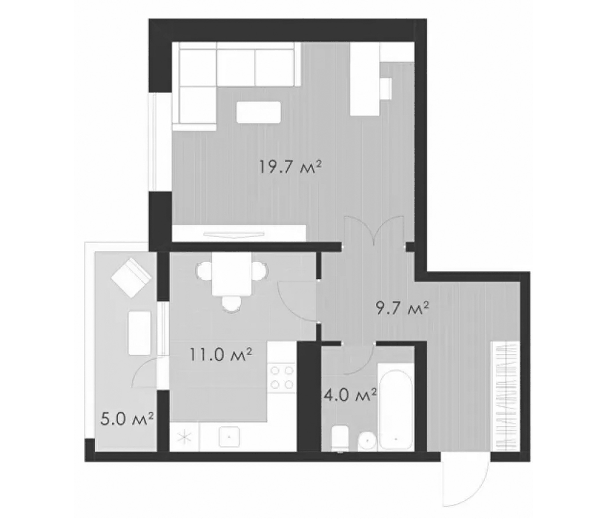 Планировка однокомнатная 49.4 м² в ЖК «Выбор», корпус 2