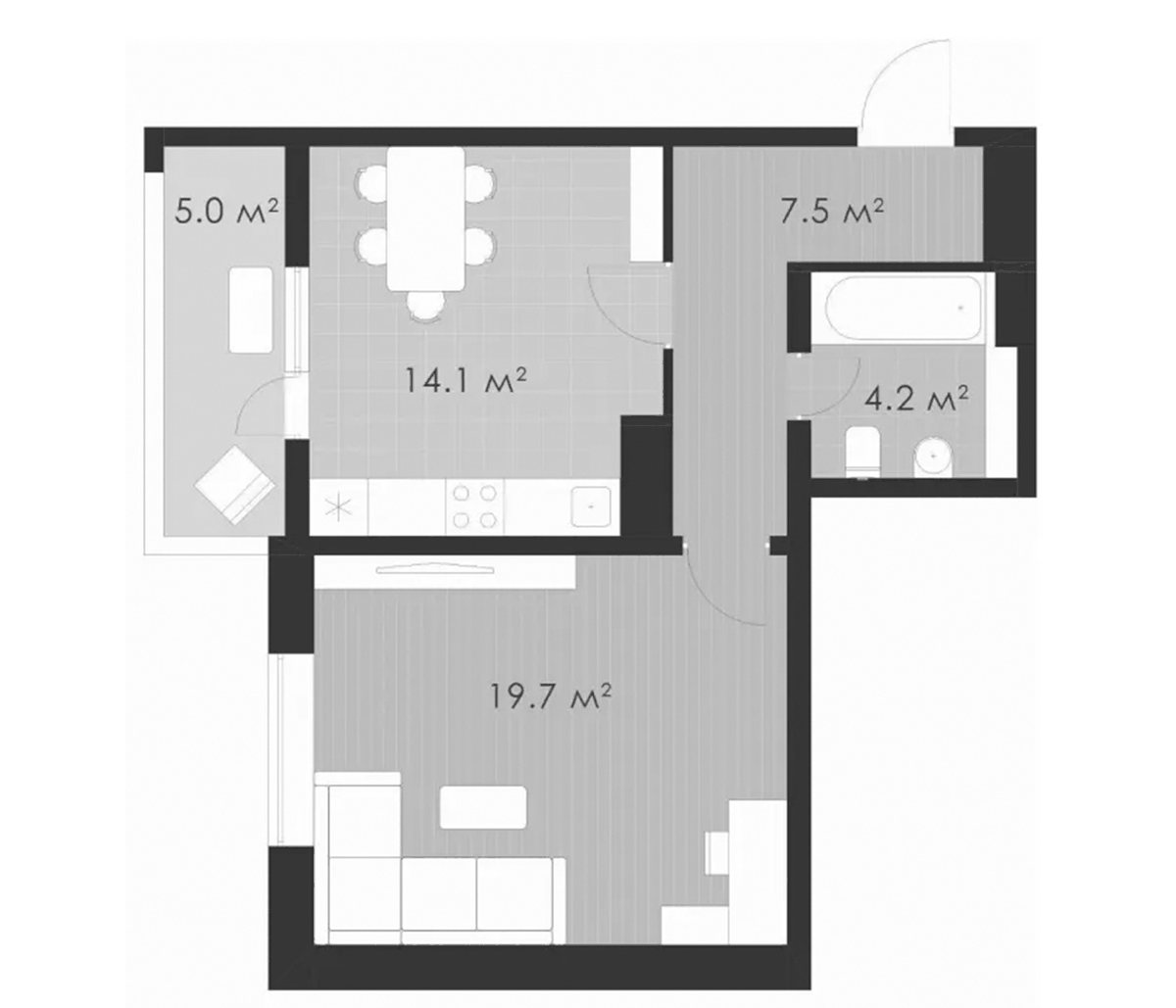 Планировка однокомнатная 50.5 м² в ЖК «Выбор», корпус 2