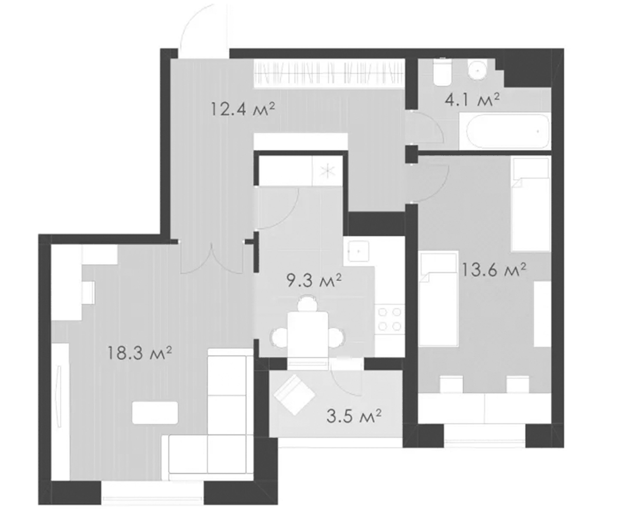 Планировка двухкомнатная 61.2 м² в ЖК «Выбор», корпус 2