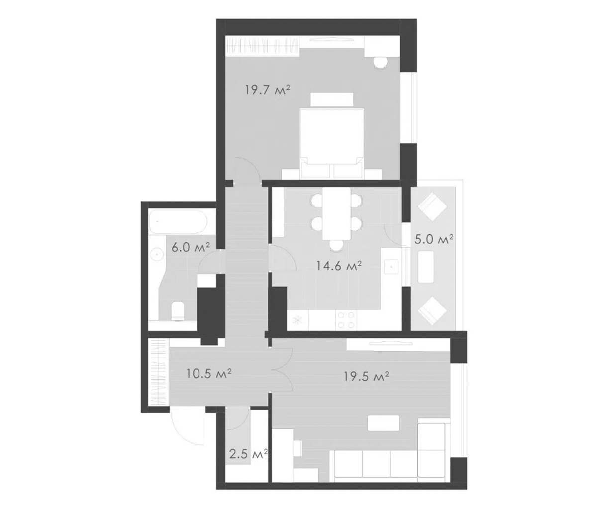 Планировка двухкомнатная 77.8 м² в ЖК «Выбор», корпус 2