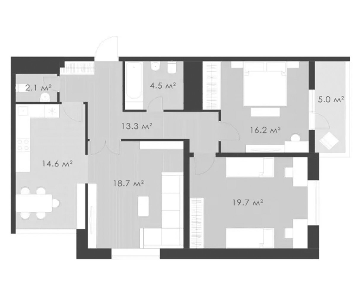 Планировка трёхкомнатная 95 м² в ЖК «Выбор», корпус 2