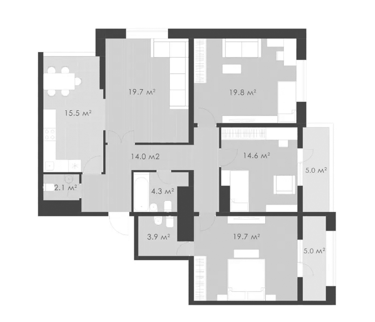 Планировка четырёхкомнатная 123.3 м² в ЖК «Выбор», корпус 3