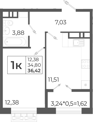 Планировка однокомнатная 38.72 м² в ЖК «Высочество», корпус 2