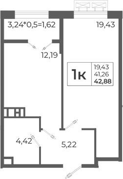 Планировка однокомнатная 45.18 м² в ЖК «Высочество», корпус 2