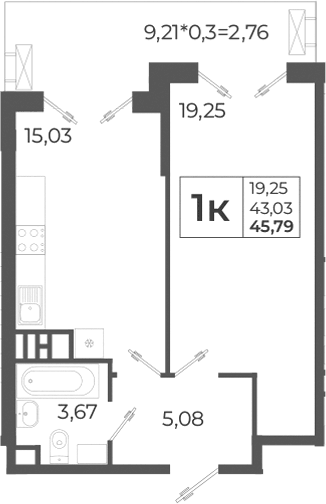 Планировка евродвушка (2Е) 45.79 м² в ЖК «Высочество», корпус 2
