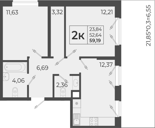 Планировка двухкомнатная 59.19 м² в ЖК «Высочество», корпус 1