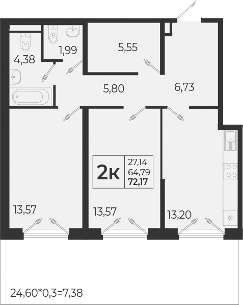 Планировка двухкомнатная 70.58 м² в ЖК «Высочество», корпус 1