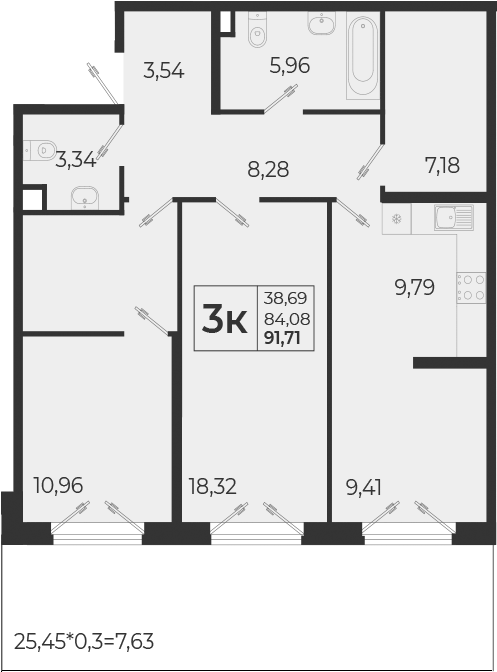 Планировка евротрёшка (3Е) 91.71 м² в ЖК «Высочество», корпус 1