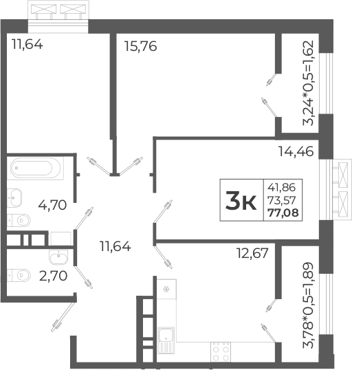 Планировка трёхкомнатная 82.07 м² в ЖК «Высочество», корпус 2