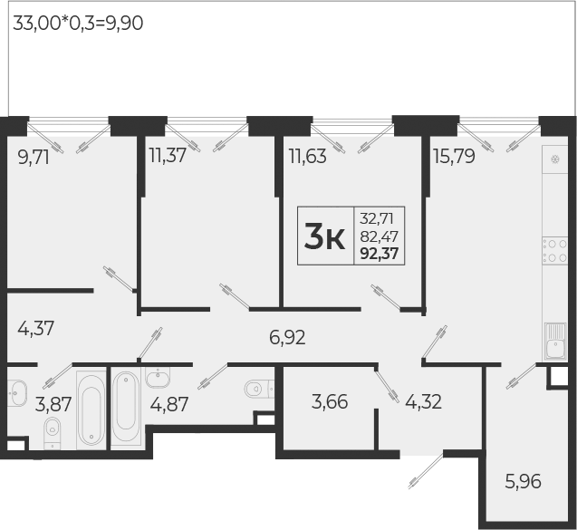 Планировка евро-4 (4Е) 92.37 м² в ЖК «Высочество», корпус 1